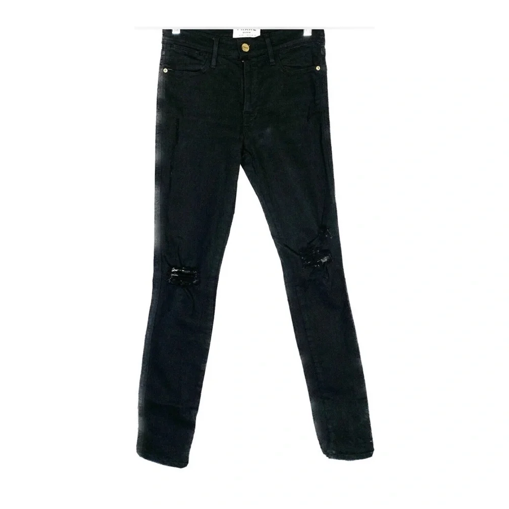 Frame Black Le High Skinny High Waist Ripped Knee Denim Jeans - Picture 2 of 13